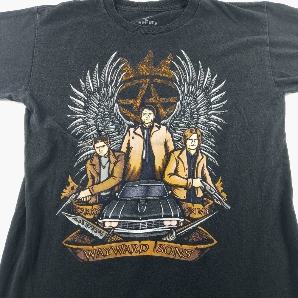 Tee Fury Black T-shirt Carry on my Wayward Sons supernatural 100% cotton Castiel